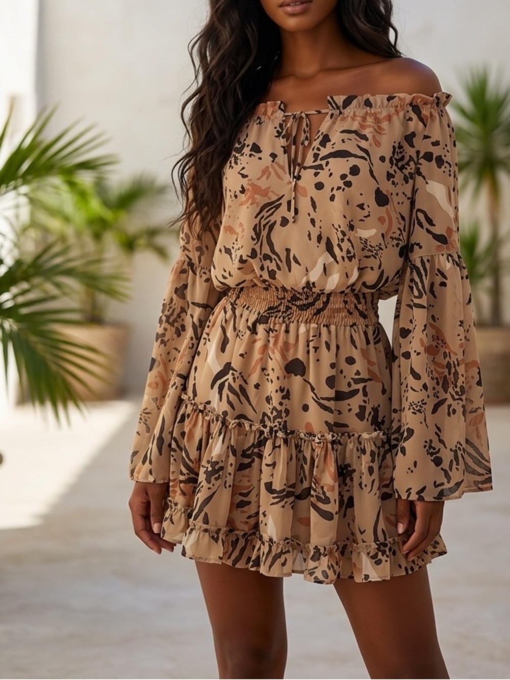 Buddy Love tan and black Floral Off-Shoulder Mini Dress size small